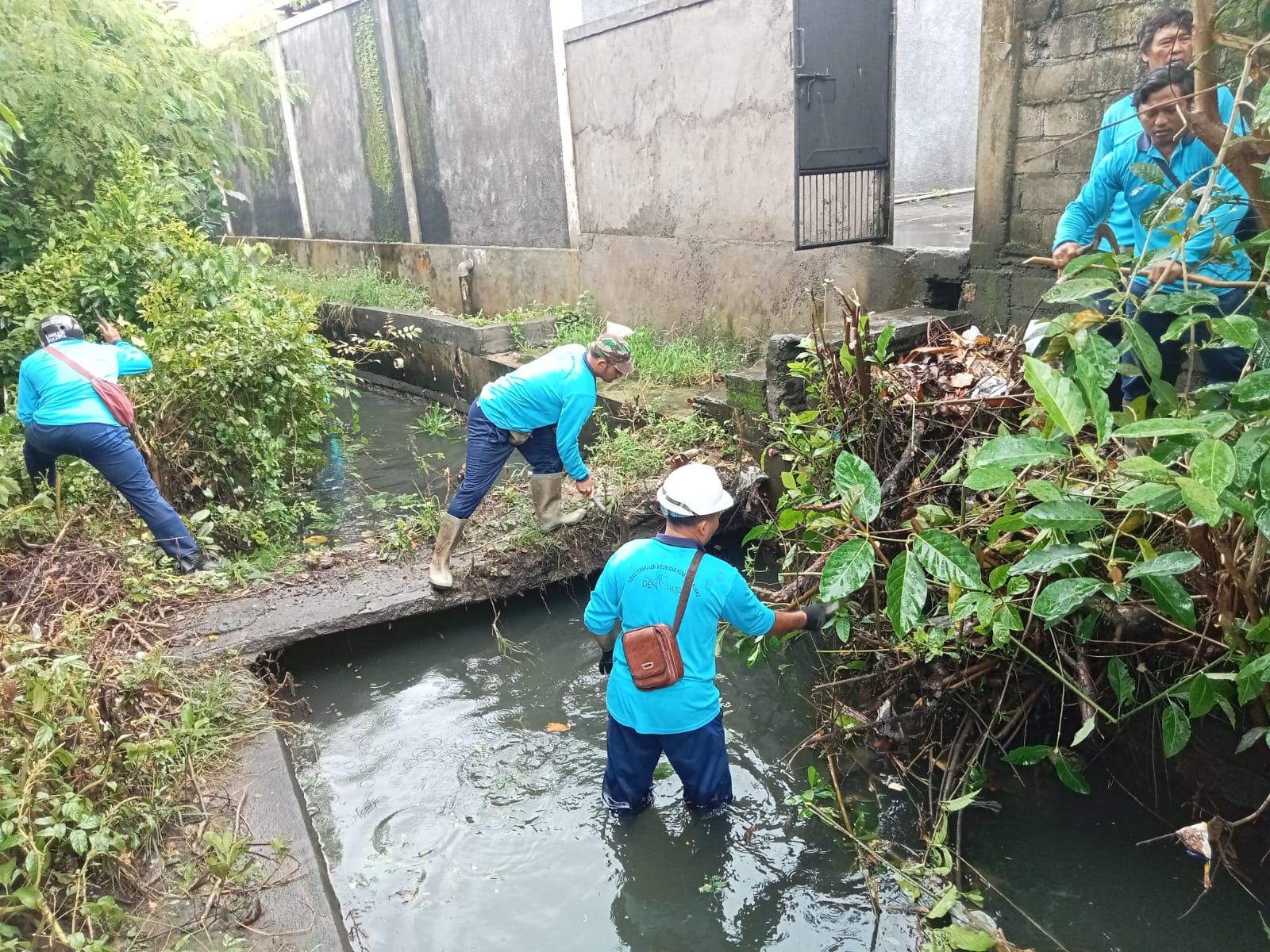Pekerja lapangan yang sedang membersihkan sungai area Denpasar. 