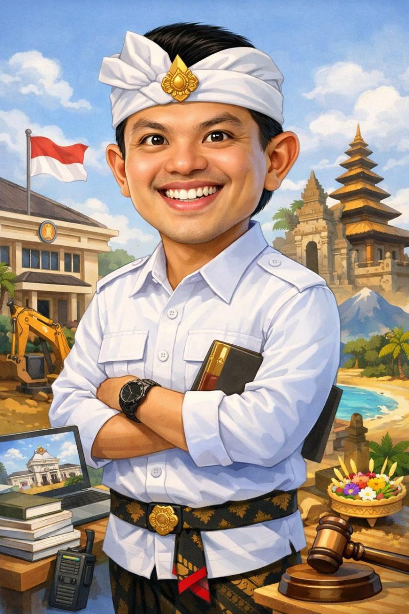 Wakil Ketua DPRD Kota Denpasar, Ida Bagus Yoga Adi Putra alias Gus Yoga sekaligus Ketua DPC Partai Gerindra Kota Denpasar. Foto: (Karikatur/Istimewa)