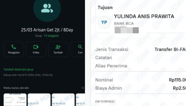 Tangkapan layar WhatsApp group arisan get dan bukti transfer sebagai iuran wajib. ©okedaily.com