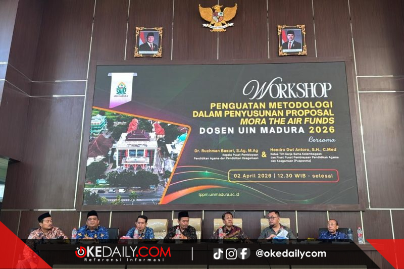 Workshop Penyusunan Metodologi dalam Penyusunan Proposal MoRA The Air Fund 2026 yang berlangsung pada, Kamis (02/04), di Ballroom Lantai 4 UIN Madura. ©okedaily.com/istimewa