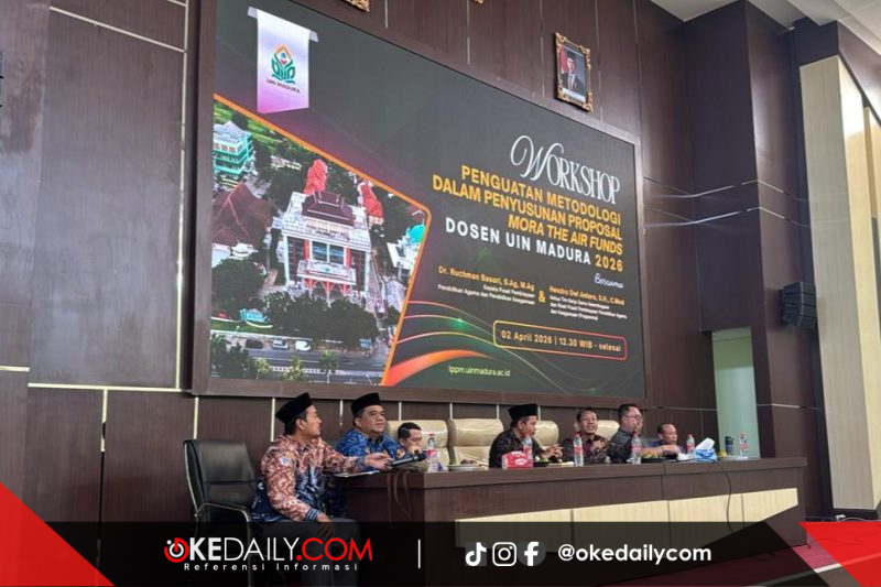 Workshop Penyusunan Metodologi dalam Penyusunan Proposal MoRA The Air Fund 2026 yang berlangsung pada, Kamis (02/04), di Ballroom Lantai 4 UIN Madura. ©okedaily.com/istimewa