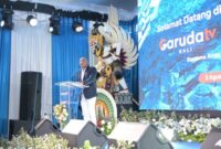 Kepala Garuda TV Bali dan Garuda FM Bali, Made Muliawan Arya, saat sambutan pada peresmian kantor operasional biro. ®okedaily.com 