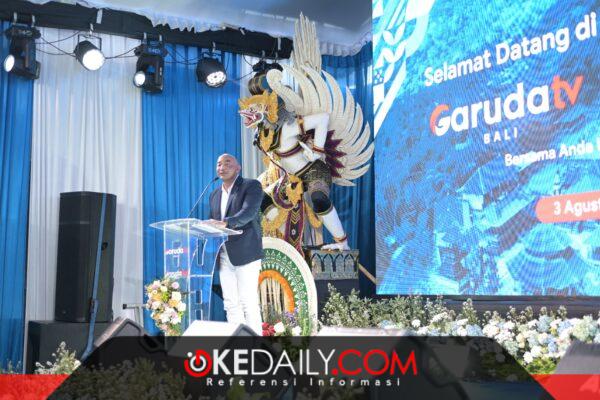 Kepala Garuda TV Bali dan Garuda FM Bali, Made Muliawan Arya, saat sambutan pada peresmian kantor operasional biro. ®okedaily.com 