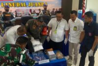 Petugas Bea Cukai bersama Satgaspam Lanudal Juanda saat menunjukkan barang bukti narkotika yang berhasil digagalkan penyelundupannya melalui Bandara Juanda. Sinergi kedua instansi ini menjadi bentuk komitmen pemberantasan narkotika di pintu masuk negara. ®okedaily.com