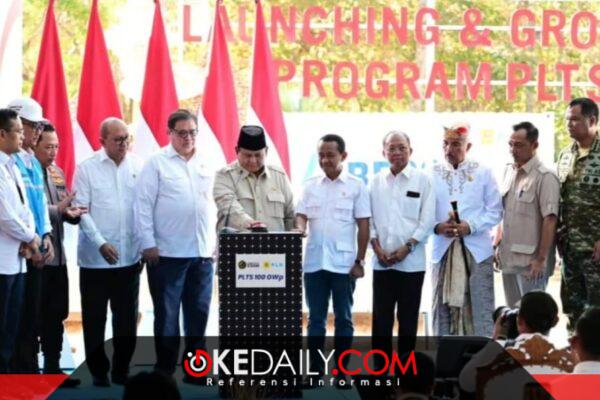 Presiden Prabowo Subianto menekan tombol sirine tanda dimulainya pembangunan PLTS 100 GWp di Bali. Proyek energi terbarukan terbesar di RI ini disebut sebagai kebijakan strategis berdampak positif bagi lingkungan. ®okedaily.com [Foto: Istimewa]